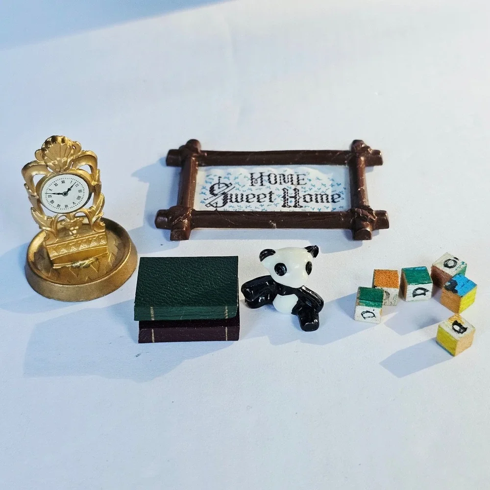 Vintage Dollhouse Accessories Lot Gold Clock‎ Home Sweet Home Sign Panda Blocks